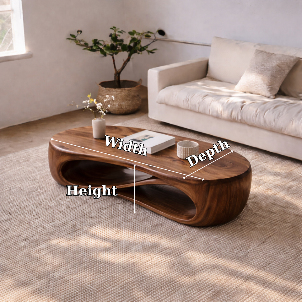 Solid Wood Sculptural Coffee Table with Curved Storage Shelf – Modern Living Room Table - view 6 of 7