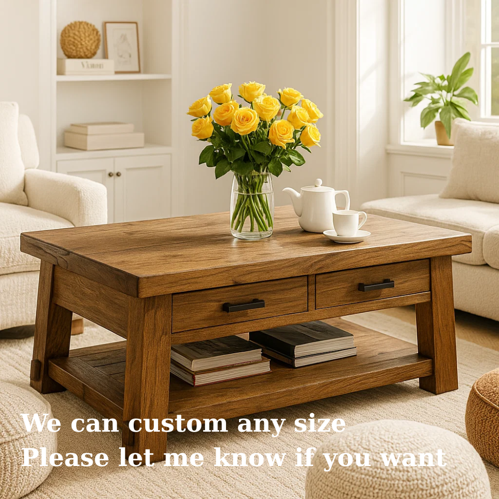 Solid Wood Coffee Table with Drawers and Storage Shelf Rustic Living Room Table - view 6 of 7