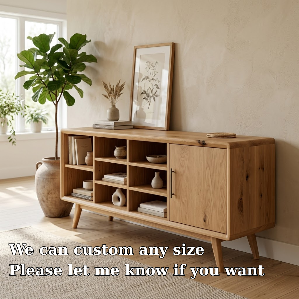 Solid Oak Console Cabinet with Shelves & Door – Modern Storage Sideboard Table - view 5 of 7