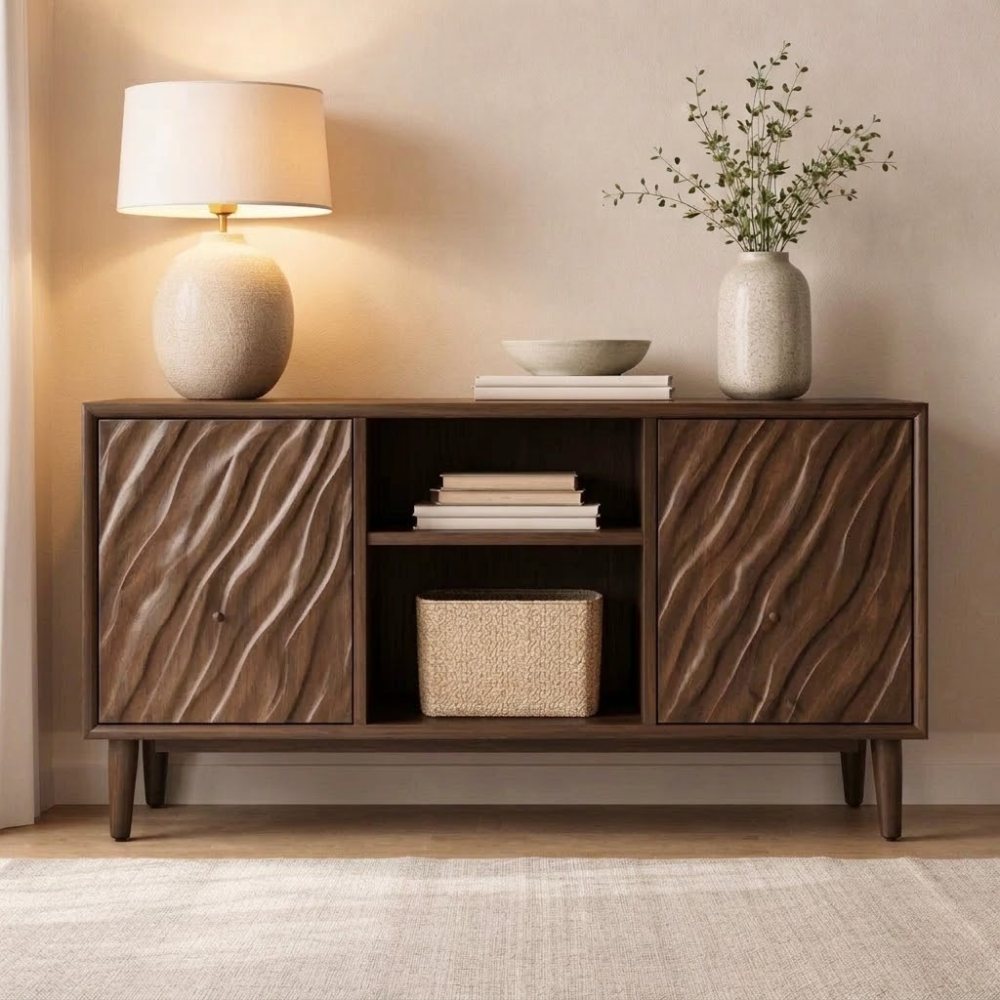 Solid Wood Console Cabinet with Wave Carved Doors & Open Shelf Storage - view 2 of 7