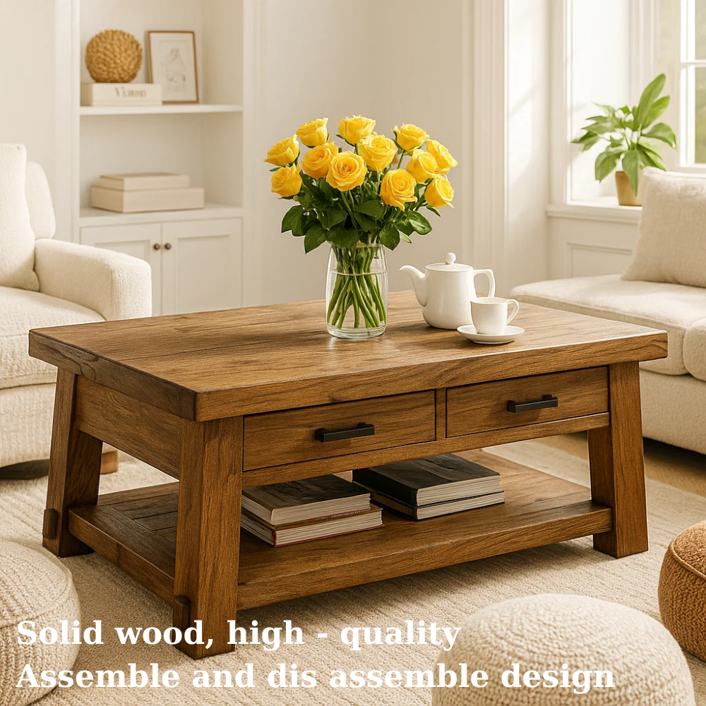 Solid Wood Coffee Table with Drawers and Storage Shelf Rustic Living Room Table - view 5 of 7