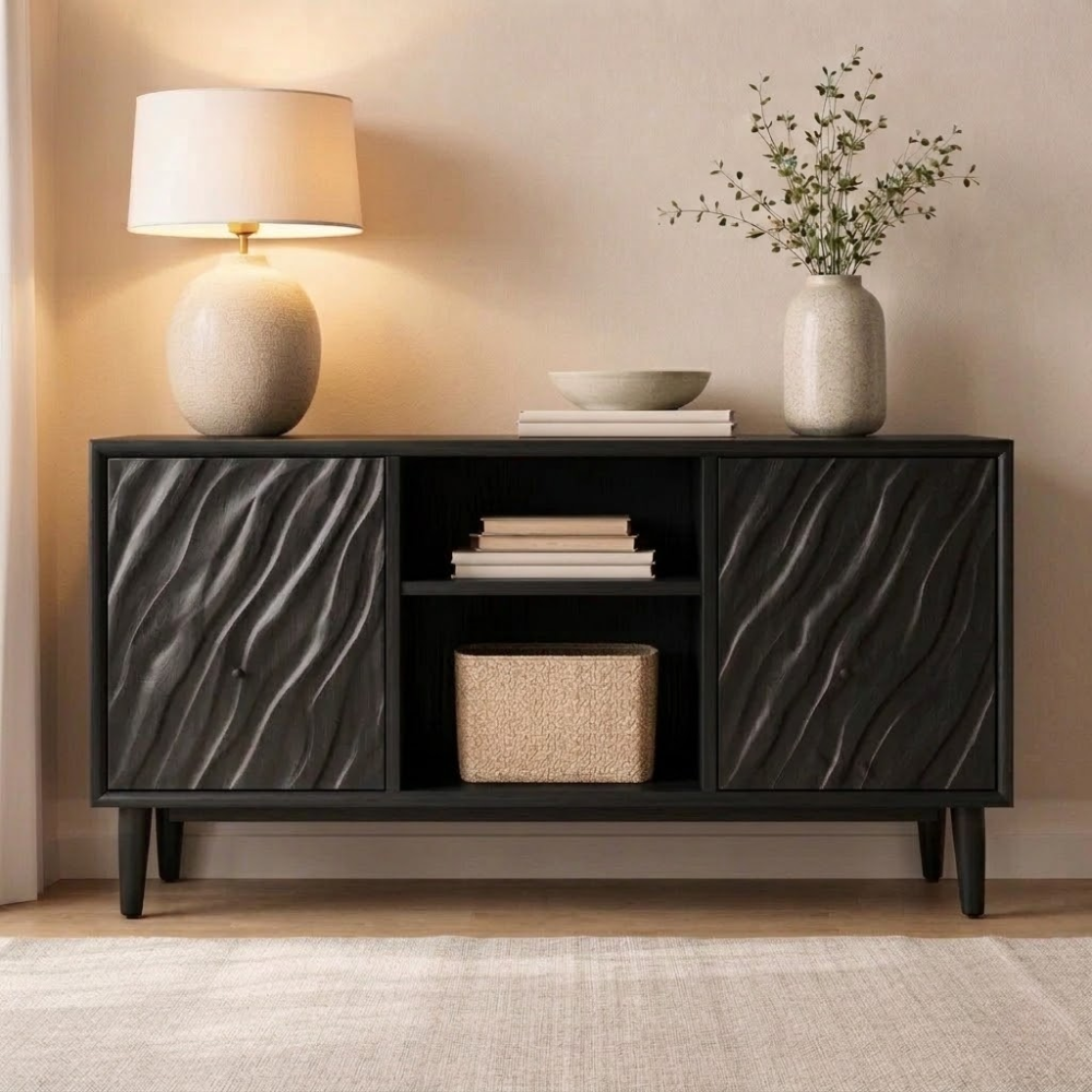 Solid Wood Console Cabinet with Wave Carved Doors & Open Shelf Storage - view 4 of 7