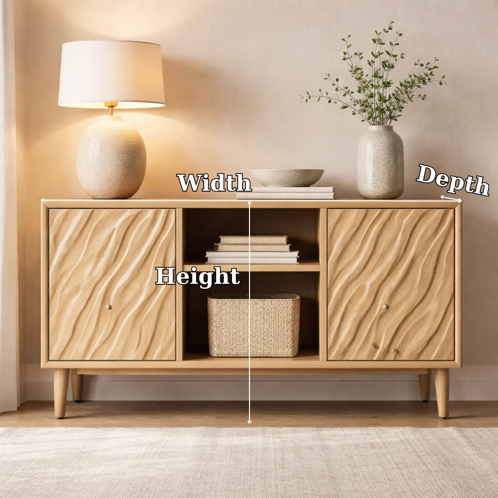 Solid Wood Console Cabinet with Wave Carved Doors & Open Shelf Storage - view 7 of 7