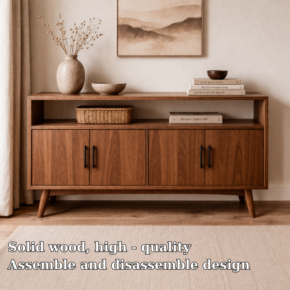 Solid Wood Console Cabinet with Open Shelf and 4 Doors – Modern Storage Sideboard - view 5 of 7