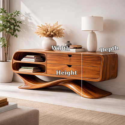 Solid Wood Sculptural Console Cabinet with Drawers & Open Shelf – Modern Curved Base - view 7 of 7