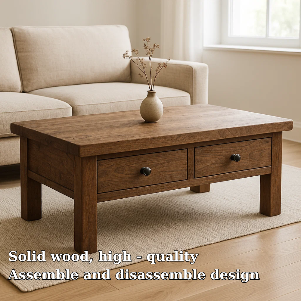 Solid Wood Coffee Table with Drawers Rustic Living Room Storage Coffee Table - view 5 of 7