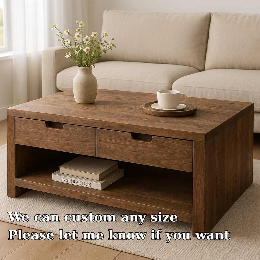 Solid Wood Coffee Table with Drawers and Open Shelf Rustic Living Room Table - view 6 of 7