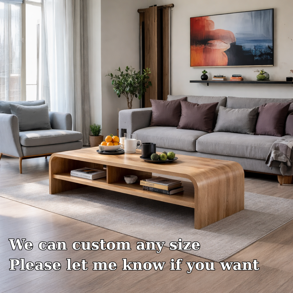 Solid Wood Waterfall Coffee Table with Open Shelf – Modern Minimalist Living Room Table - view 6 of 7