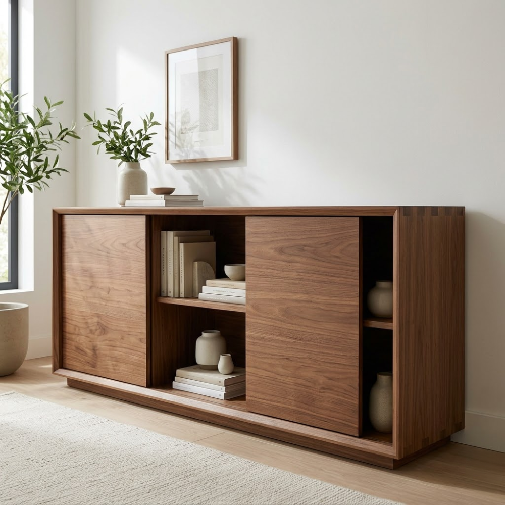 Walnut Console Cabinet with Sliding Doors – Modern Wood Storage Sideboard - view 3 of 7
