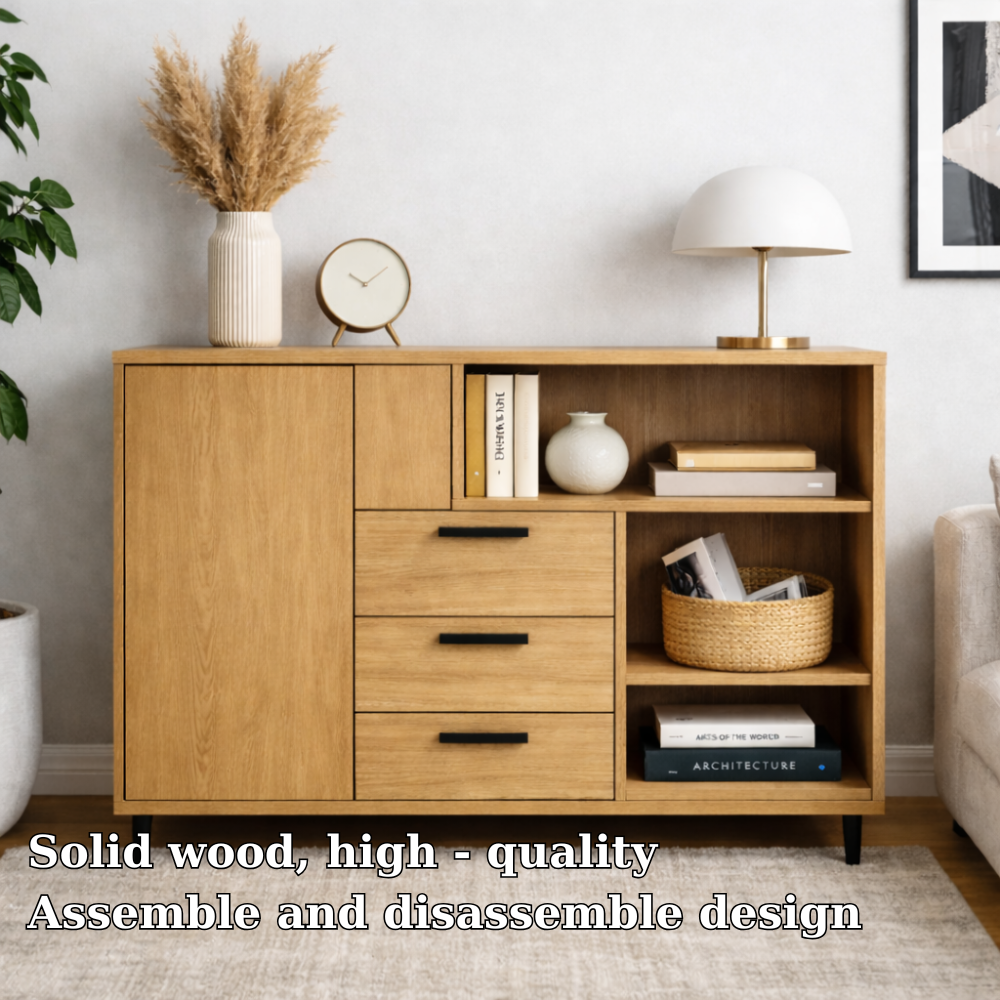 Modern Solid Wood Console Cabinet with Drawers, Door & Open Shelf Storage - view 5 of 7