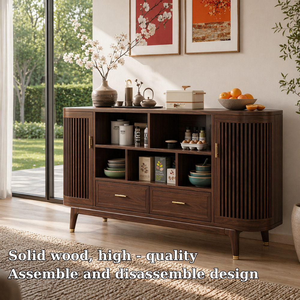 Mid Century Solid Wood Console Sideboard with Slatted Doors – Walnut Storage Cabinet - view 6 of 7