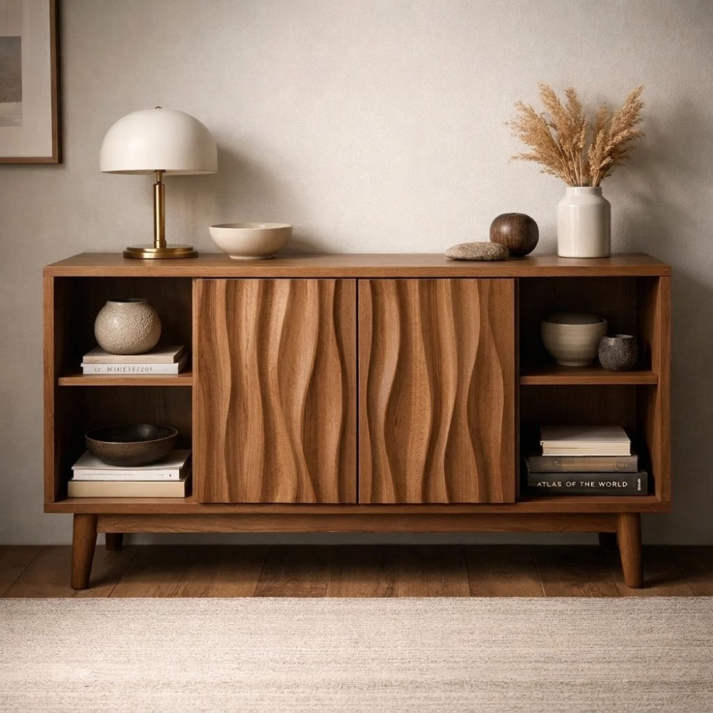 Elegant Solid Wood Console Cabinet with Wavy Doors - Stylish Storage for Living Room - view 3 of 7