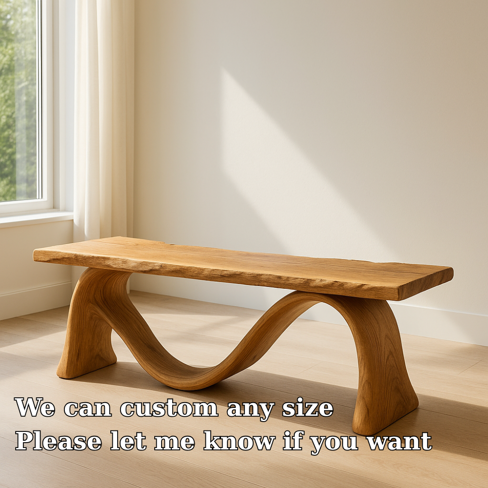 Solid Wood Bench with Sculptural Curved Base – Modern Entryway or Living Room Bench - view 6 of 7