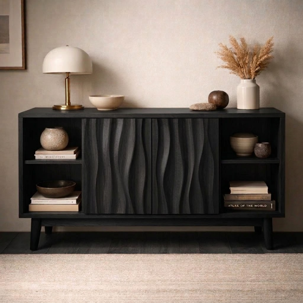 Elegant Solid Wood Console Cabinet with Wavy Doors - Stylish Storage for Living Room - view 4 of 7