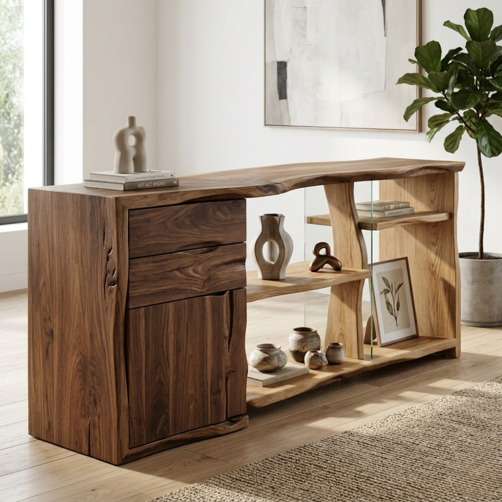 Live Edge Solid Wood Console Cabinet - Modern Rustic Sideboard with Glass Shelving - view 3 of 7