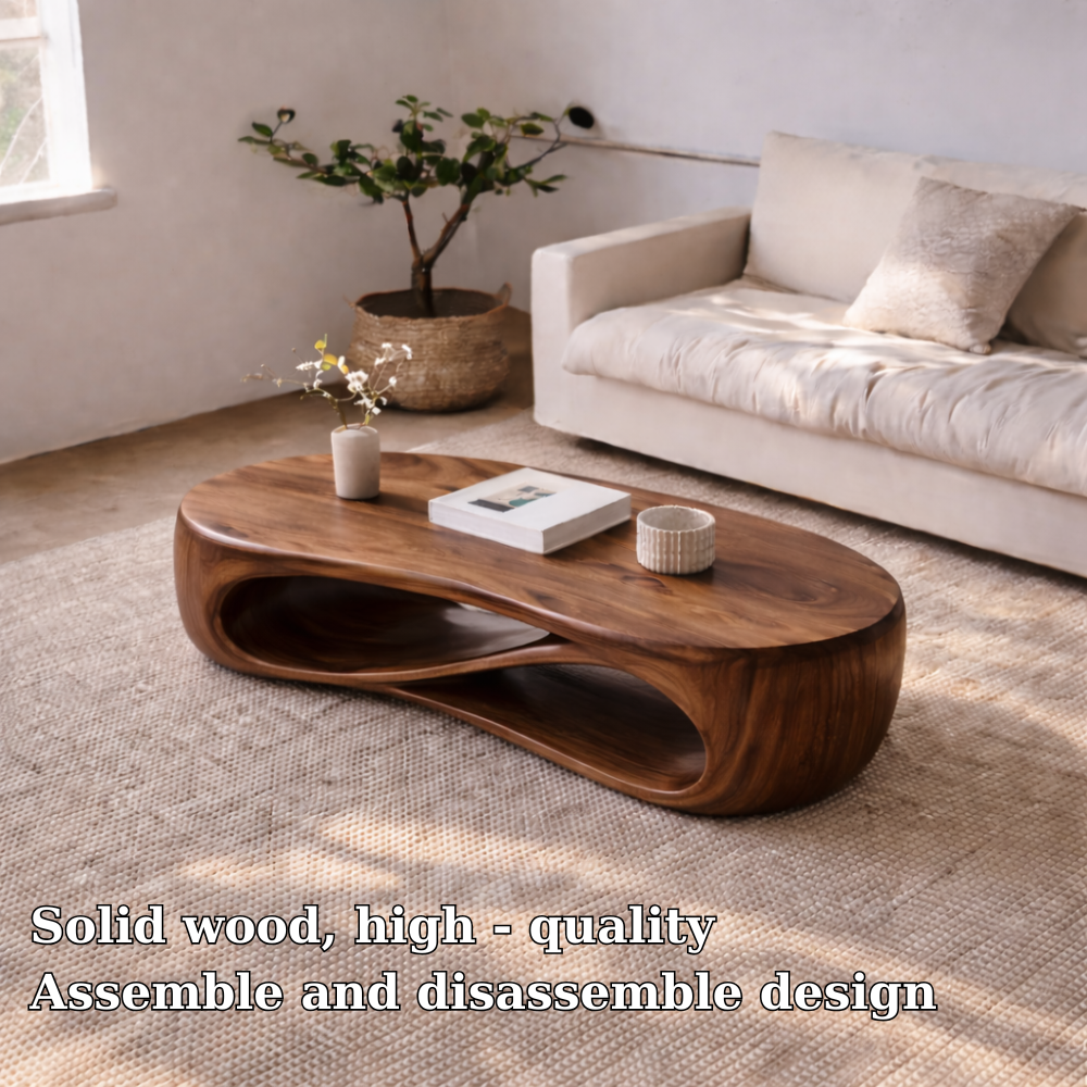 Solid Wood Sculptural Coffee Table with Curved Storage Shelf – Modern Living Room Table - view 5 of 7