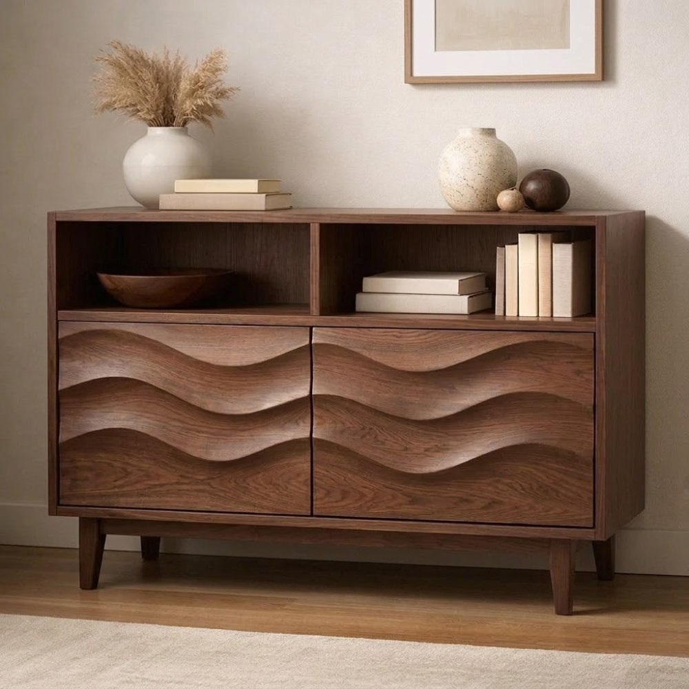 Modern Solid Wood Console Cabinet with Wavy Design - Stylish Storage for Living Room - view 2 of 7