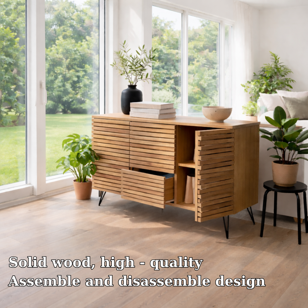 Solid Wood Slatted Sideboard Cabinet with Storage - view 5 of 7