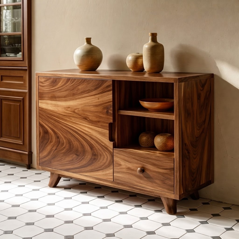Solid Wood Console Cabinet - Mid-Century Modern with Open Shelving and Drawers - view 2 of 7