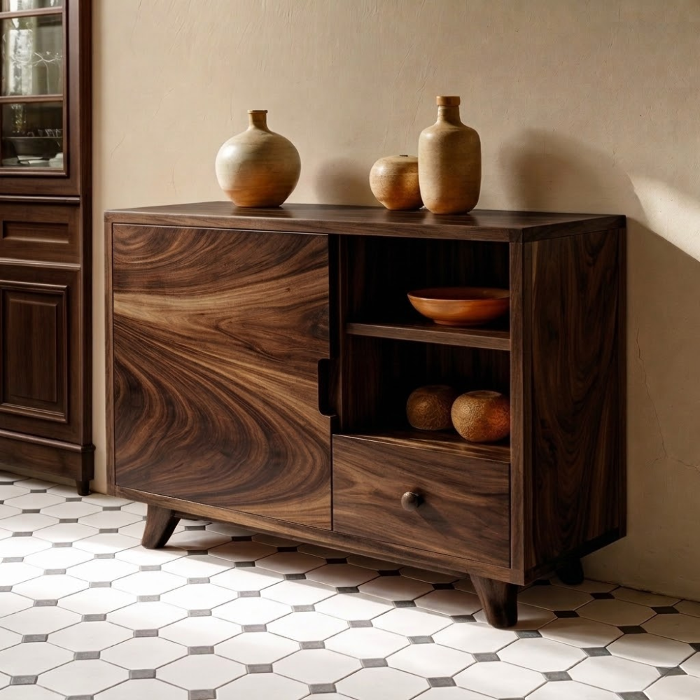 Solid Wood Console Cabinet - Mid-Century Modern with Open Shelving and Drawers - view 3 of 7