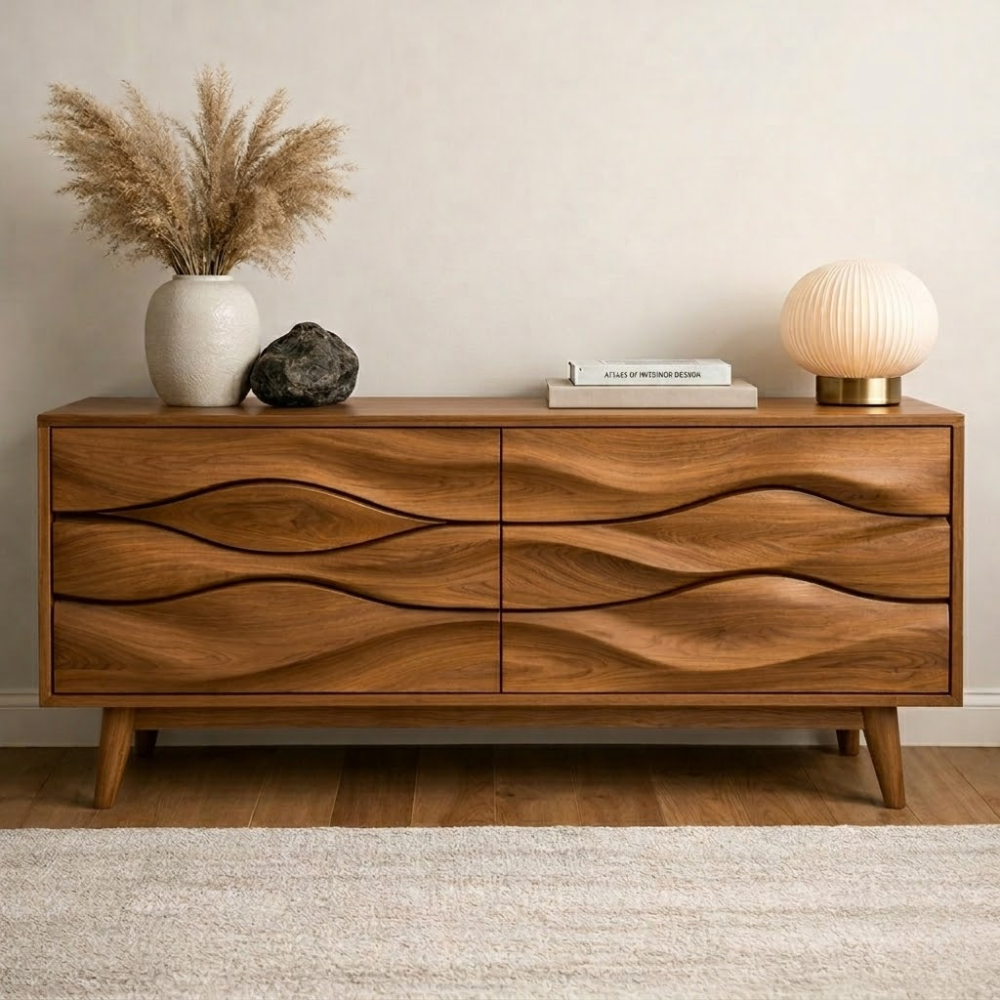 Solid Wood Wave Carved Console Cabinet – Modern Sculptural Sideboard - view 3 of 7
