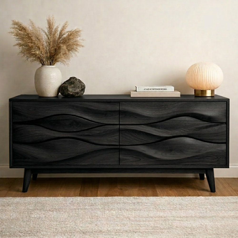 Solid Wood Wave Carved Console Cabinet – Modern Sculptural Sideboard - view 4 of 7