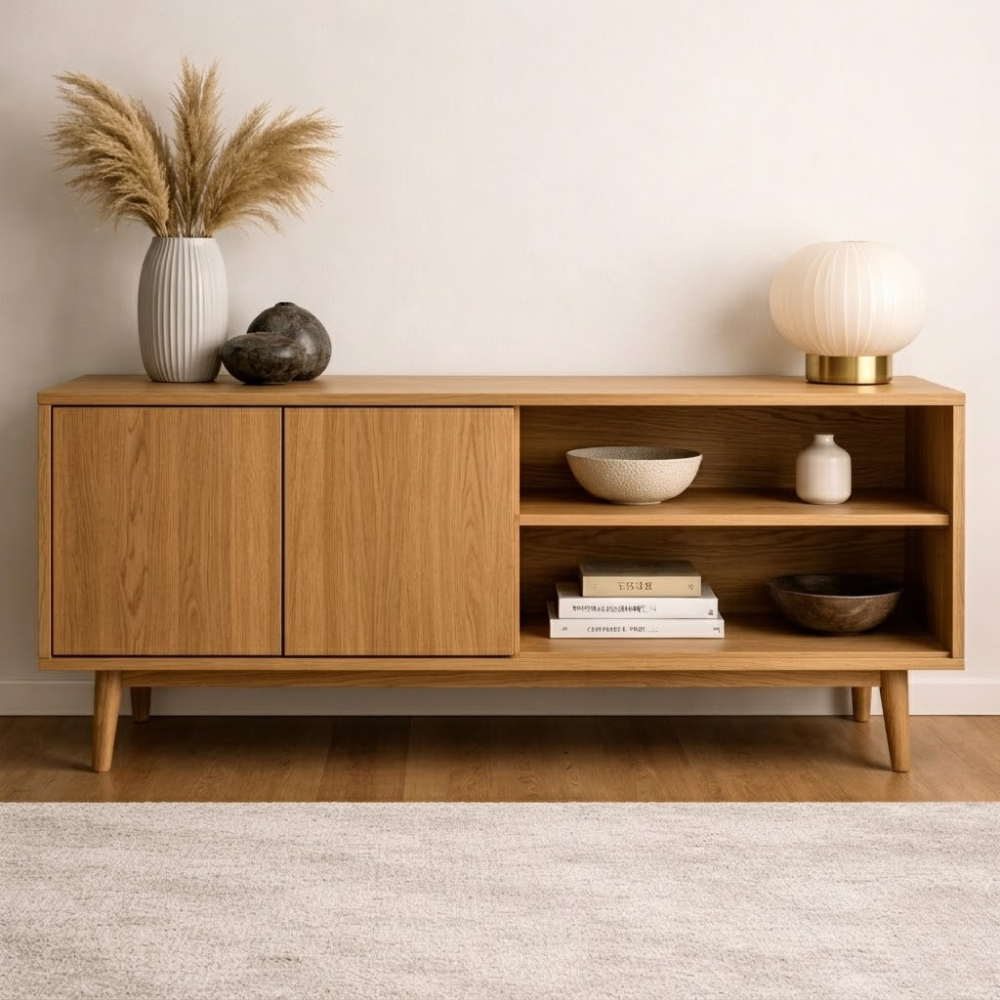 Minimalist Solid Wood Console Cabinet with Sliding Door and Open Shelf - view 1 of 7