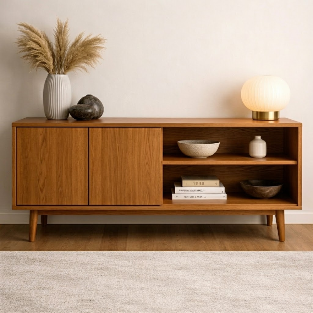 Minimalist Solid Wood Console Cabinet with Sliding Door and Open Shelf - view 3 of 7