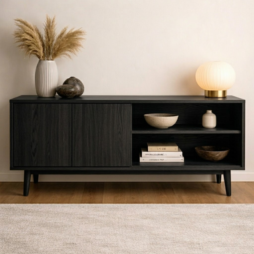 Minimalist Solid Wood Console Cabinet with Sliding Door and Open Shelf - view 4 of 7