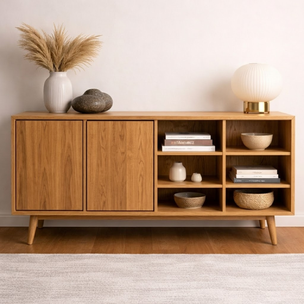 Modern Walnut Console Cabinet with Doors and Open Display Shelving - view 1 of 7