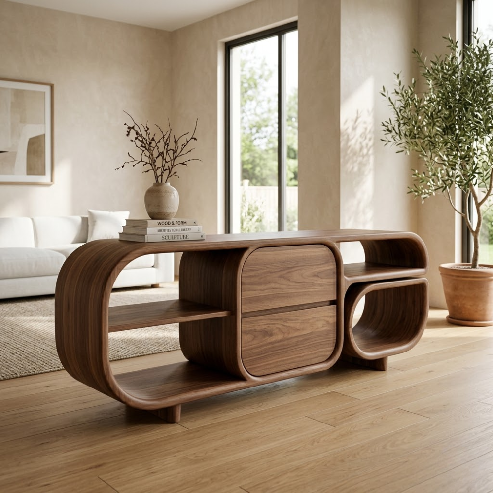 Mid-Century Modern Walnut Console Table - Curved Wood TV Stand with Open Shelving - view 3 of 7
