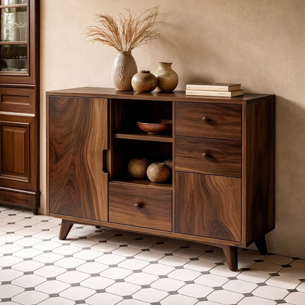 Solid Wood Console Cabinet - Mid-Century Modern Storage with Open Shelves - view 2 of 7