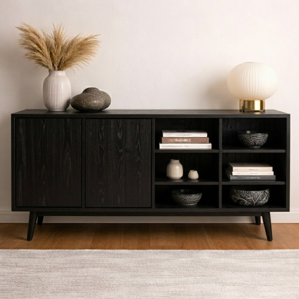 Modern Walnut Console Cabinet with Doors and Open Display Shelving - view 4 of 7
