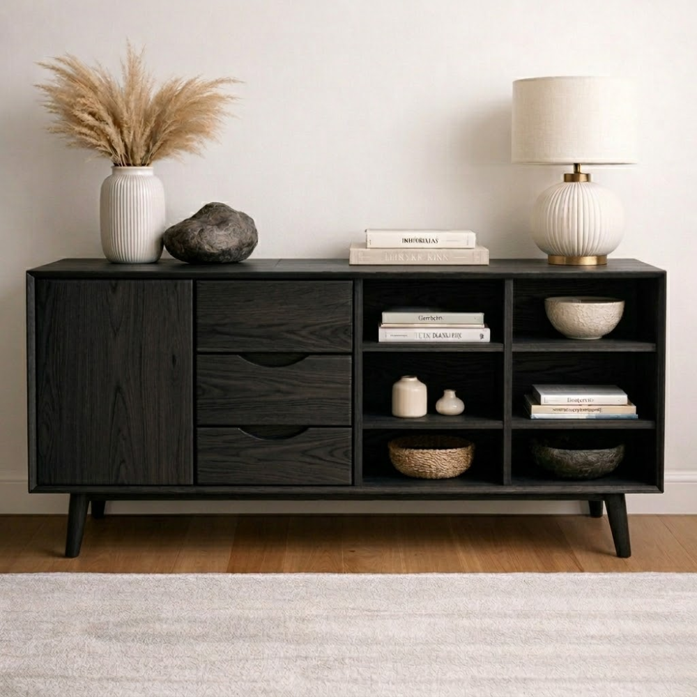 Modern Console Cabinet with Drawers, Door and Display Shelves - view 4 of 7