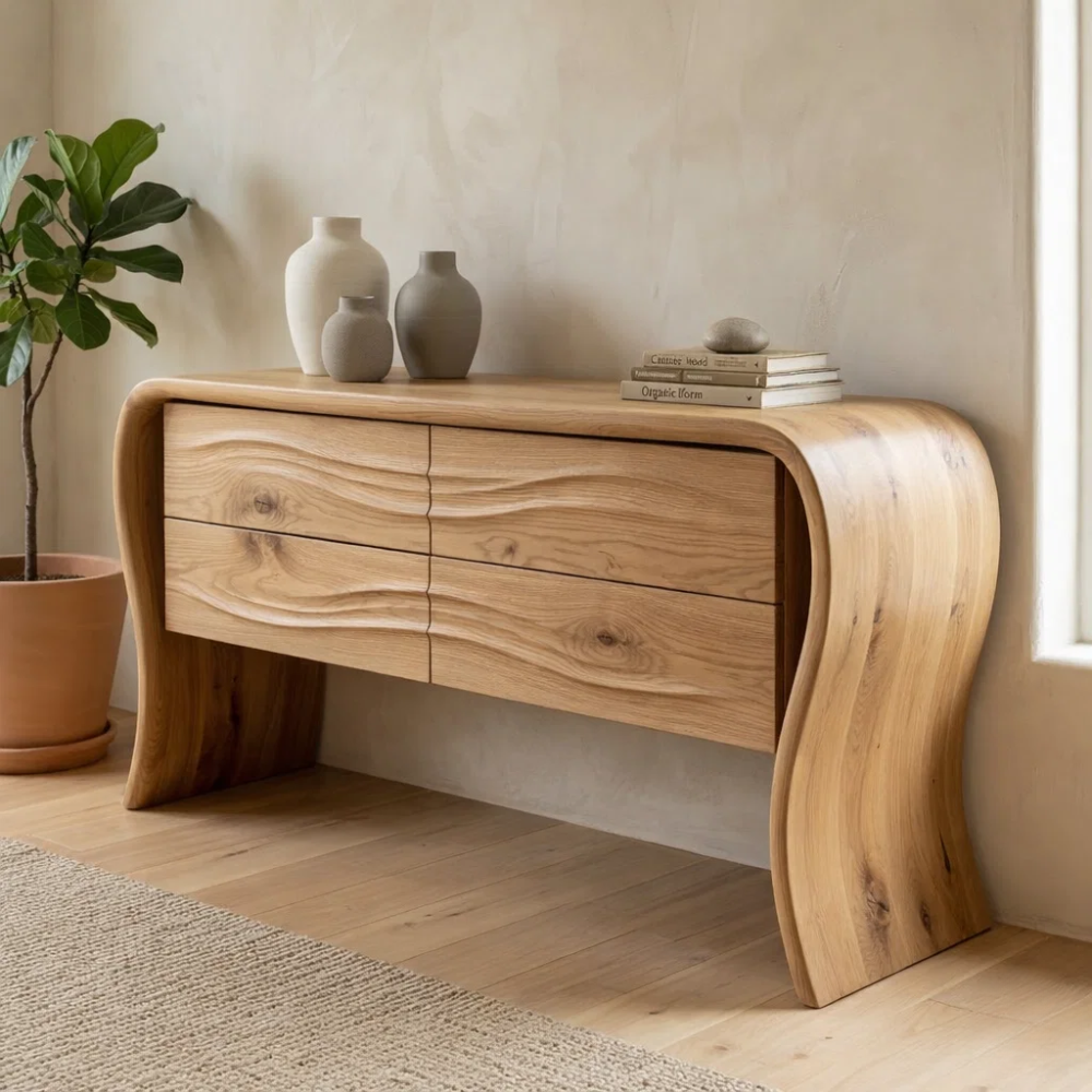 Solid Oak Console Cabinet with Drawers – Modern Curved Wood Entryway Table - view 1 of 7