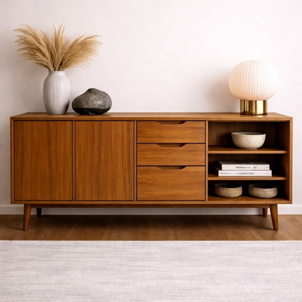 Mid-Century Solid Wood Console Cabinet with Drawers, Doors and Open Shelf - view 3 of 7