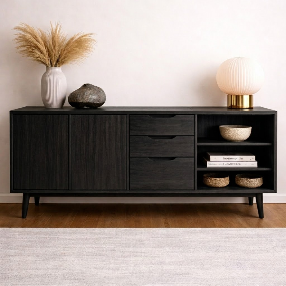 Mid-Century Solid Wood Console Cabinet with Drawers, Doors and Open Shelf - view 4 of 7