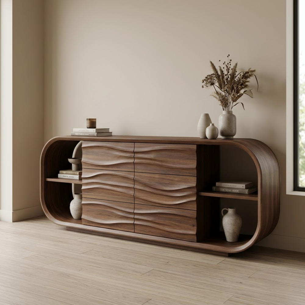 Wave Carved Walnut Console Cabinet - Curved Sideboard with Organic Textures - view 2 of 7