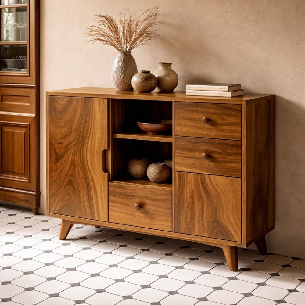 Solid Wood Console Cabinet - Mid-Century Modern Storage with Open Shelves - view 3 of 7