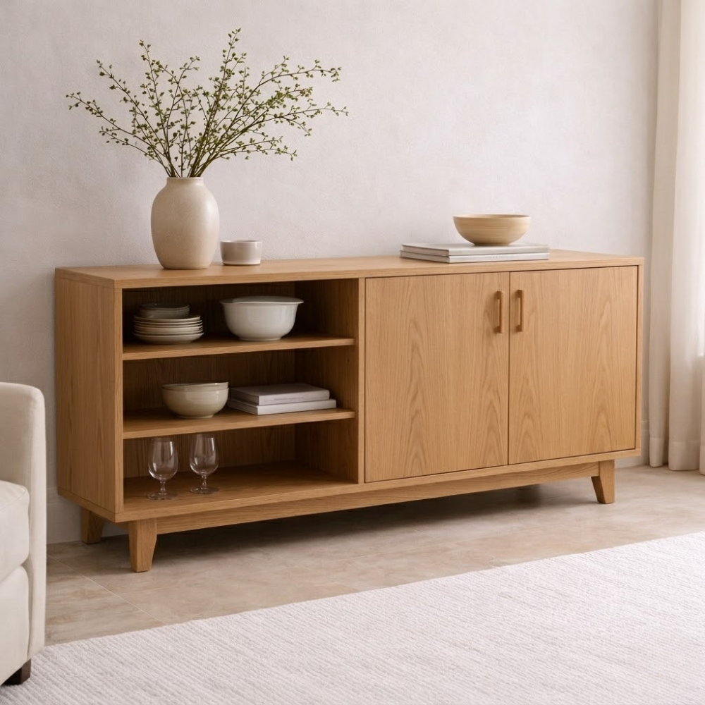 Modern Solid Wood Sideboard Console Cabinet with Open Shelf and Doors - view 1 of 7
