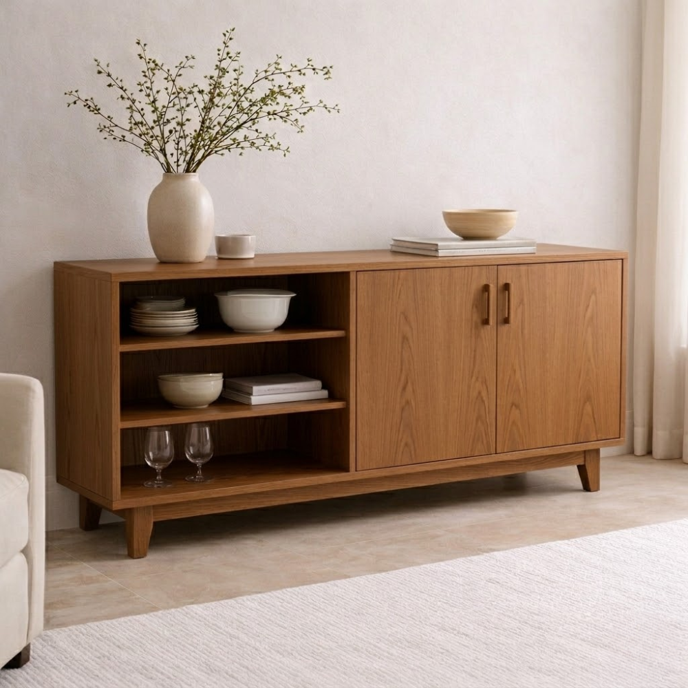 Modern Solid Wood Sideboard Console Cabinet with Open Shelf and Doors - view 3 of 7