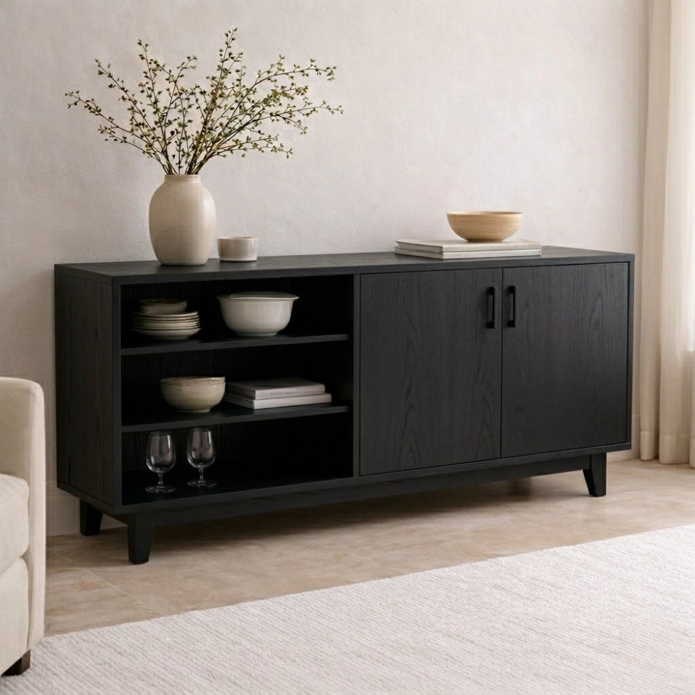 Modern Solid Wood Sideboard Console Cabinet with Open Shelf and Doors - view 4 of 7