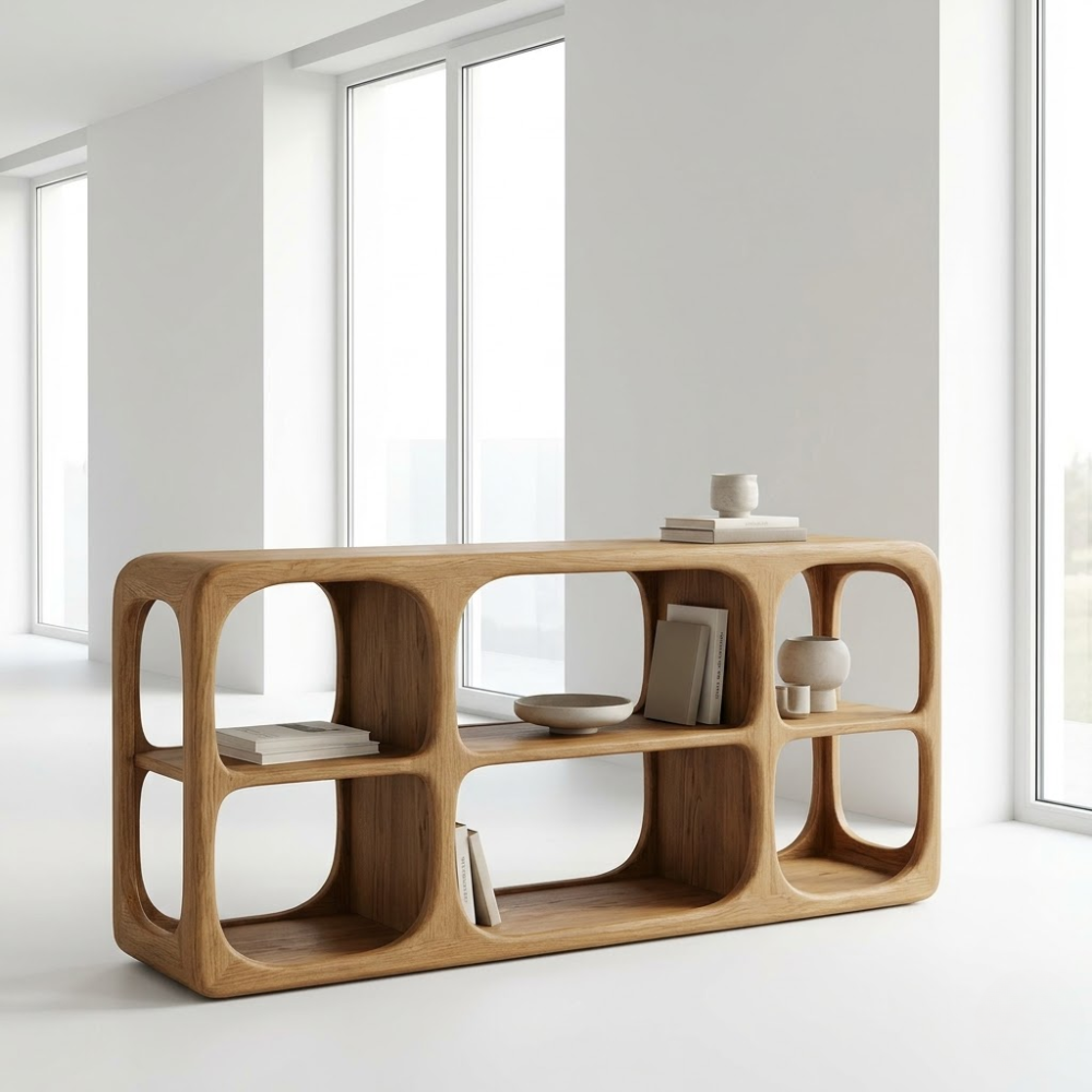 Minimalist Light Oak Console Cabinet - Sculptural Open Shelf Sideboard - view 1 of 7