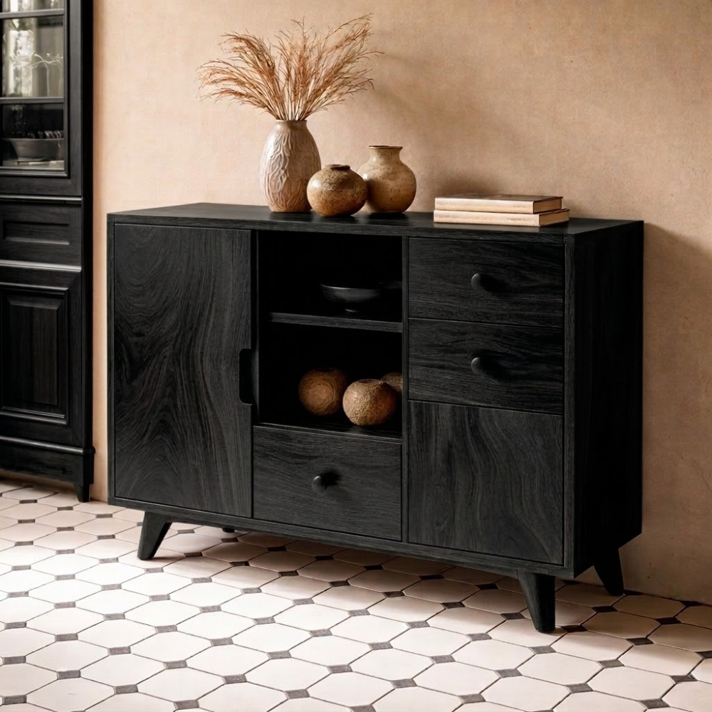 Solid Wood Console Cabinet - Mid-Century Modern Storage with Open Shelves - view 4 of 7