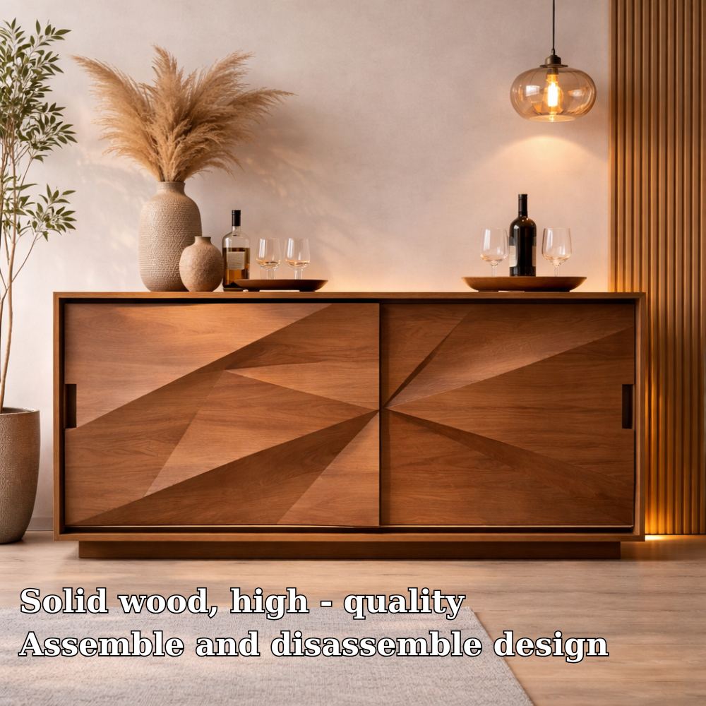 Solid Walnut Console Table with Geometric Carved Doors – Modern Wooden Sideboard - view 5 of 7