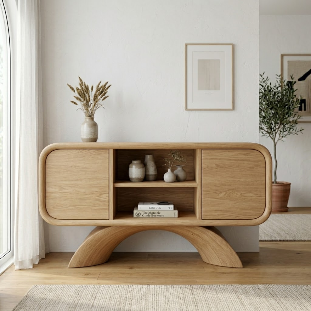 Arched Base Oak Console Cabinet - Modern Japandi Sideboard with Curved Silhouette - view 1 of 7