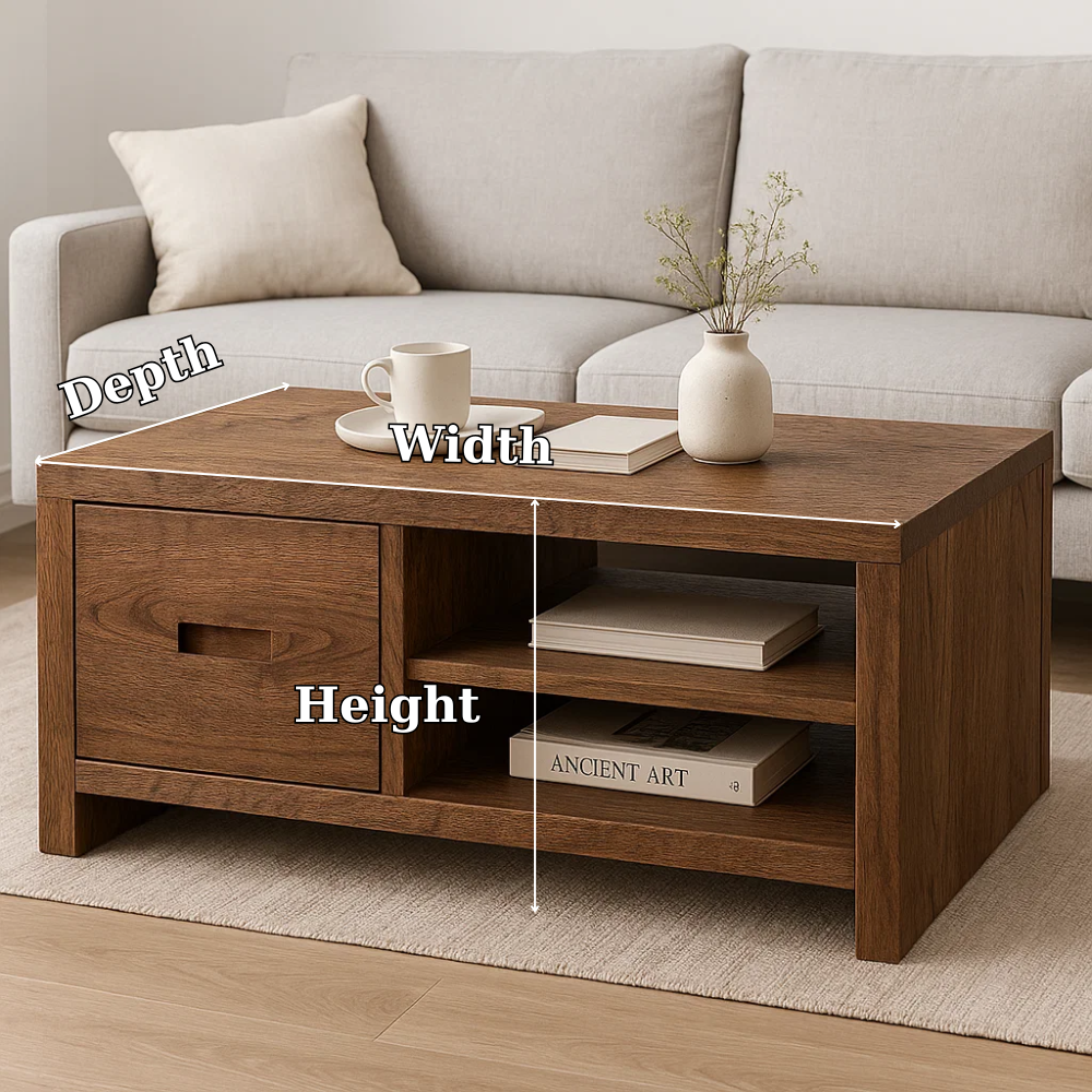 Solid Wood Coffee Table with Storage Drawer and Shelf – Modern Rustic Living Room Table - view 7 of 7