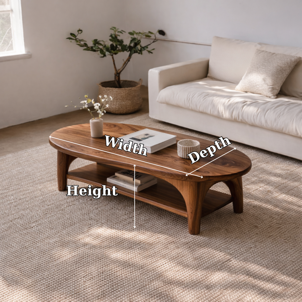 Handcrafted Solid Wood Coffee Table – Oval Modern Center Table with Shelf - view 7 of 7