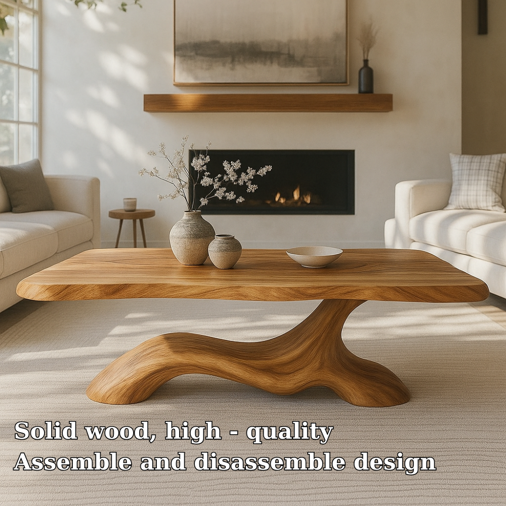 Solid Wood Coffee Table Modern Sculptural Base Natural Wood Design - view 6 of 7