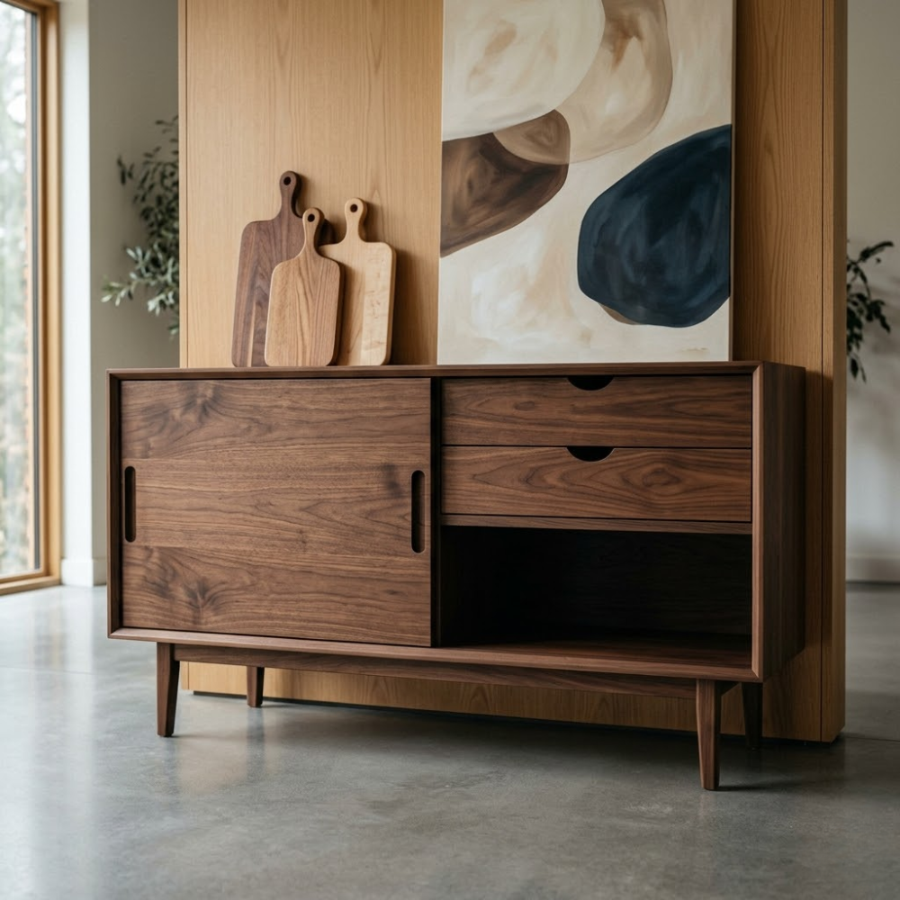Mid Century Solid Wood Console Cabinet with Sliding Door and Drawers - view 2 of 7